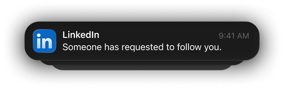 iOS notifications stack showing GitHub and Linkedin follow notifications.
